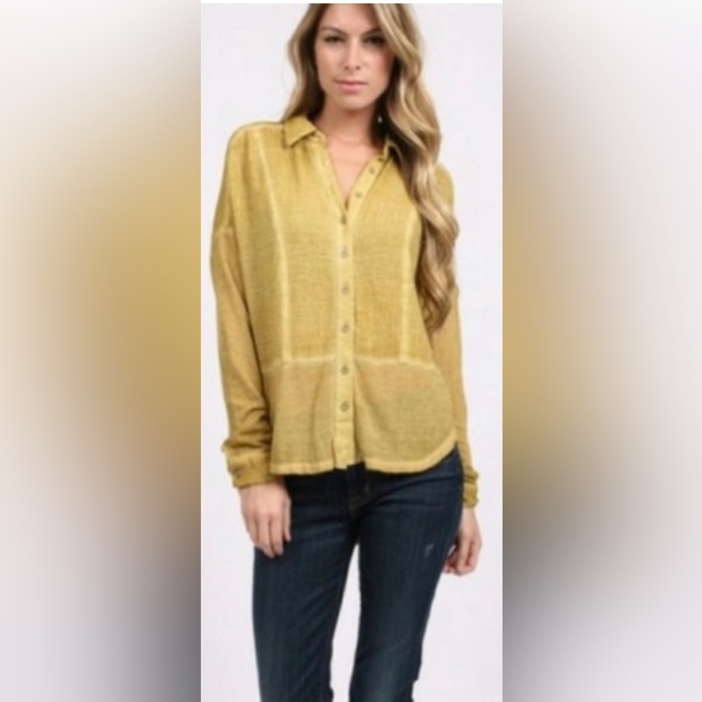 Free People Mustard Zahara Gauze Button-Down Top